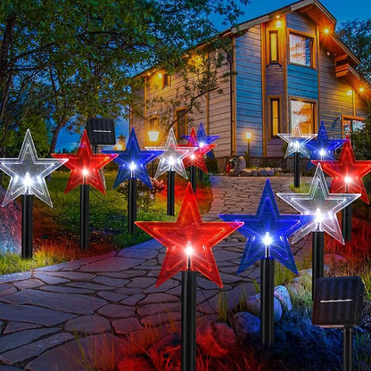 VIHOSE 12 Pcs 4th of July Star Stake Light LED Red White Blue Pathway Lights Markers Solar Waterproof Outdoor Lighted Decorations Independence Day Patriotic Decorations for Garden Yard Lawn