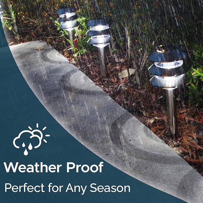 Morvat LED Auto Solar Powered Outdoor Path Lights with Stainless Steel & Watertight Lens for Garden Yard & Pathway, Bright Waterproof Landscape & Patio Lighting, Dusk to Dawn, White Light, 6 Pack