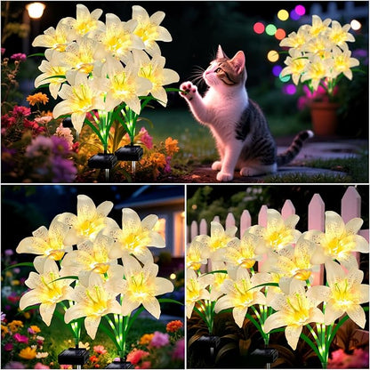 Solar Garden Lights 4 Pack 16 White Lily Flowers, Gifts for Mom Woman Birthday Outdoor Solar Flower Lights,Cemetery Flowers for Grave - Decorative Lilies for Yard, Patio, Pathway Decorations