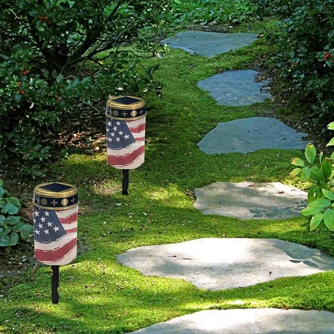 Cemetery Solar Stake Lights Patriotic American Flag Bright Solar Powered Lights