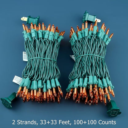 200 Orange Christmas Lights, Pack of 2 Strands 100 Count 33 ft Green Wire Incandescent-Style LED String Light (Orange)