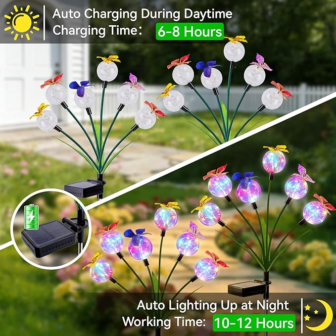 2 Pack Solar Outdoor Decorative Lights, Garden Lights Solar Powered with 12 Led Globe Lights and Butterflies, Gifts for Women Grandma, Solar Decorations for Garden Yard Lawn Ornaments (Butter Colored)