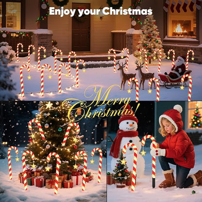 Solar Christmas Lights Outdoor Waterproof: 24-Pack Solar Candy Cane Christmas Decorations Outdoor Pathway Lights with Stakes 10 Modes, 144 LED Xmas Decorations for Yard Garden Holiday Decor