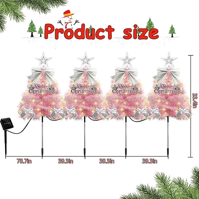 4 Pack Christmas Tree Solar Pathway Lights Outdoor Decorations, Waterproof Artificial Mini Xmas Tree Stake Lights with DIY Ornamets for Garden Yard Porch Decor (Pink Tree)