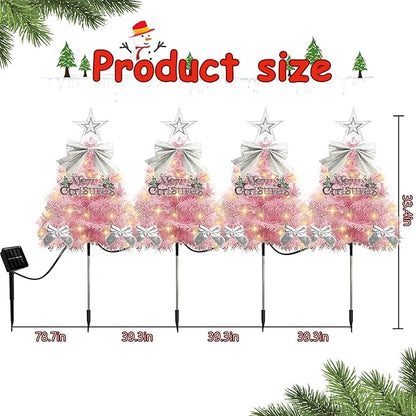 4 Pack Christmas Tree Solar Pathway Lights Outdoor Decorations, Waterproof Artificial Mini Xmas Tree Stake Lights with DIY Ornamets for Garden Yard Porch Decor (Pink Tree)