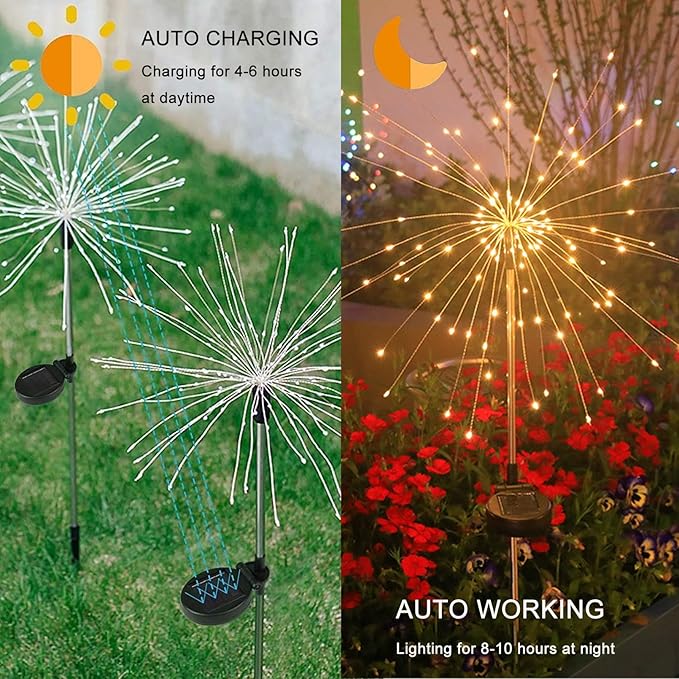 Solar Garden Firework Lights Outdoor Waterproof, 2 Pack 150 LED 8 Lighting Modes Sparklers Solar Twinkling Starburst Lights for Yard Flowerbed Pathway Fence Decorations, Warm White
