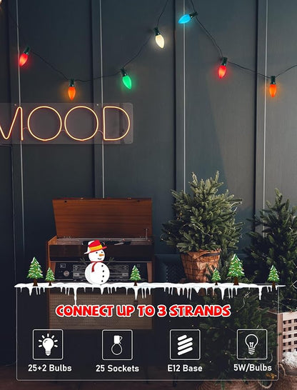 C7 Christmas Lights Outdoor, 25Ft Vintage Christmas String Lights with 27 Multicolor Ceramic Bulbs, Hanging Christmas Decorations Lights for Roofline House Garden Patio Backyard Party-Green