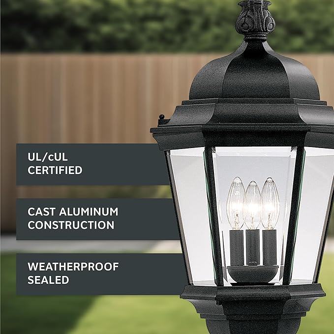 Designers Fountain 3-Light Farrell Outdoor Post Lantern, 28 Inch Exterior Lighting Fixture, Black, 2956-BK