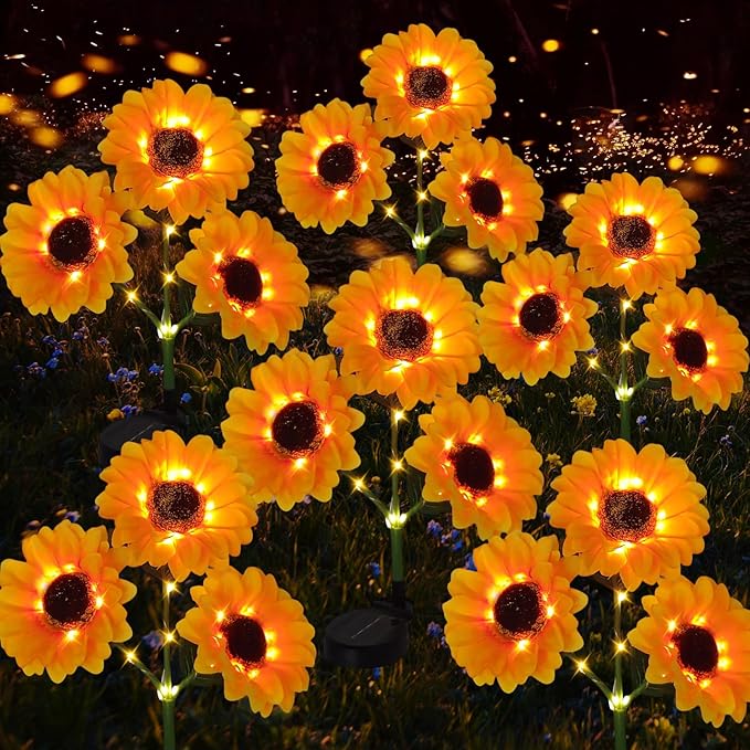 Sunflower Solar Lights Outdoor, IP65 Waterproof Fairy Decor Light, 2 Modes Constant Light&Blinking, 6 Pack Flower Lights with 18 Sunflowers, Ideal for Garden, Back Yard, Patio, Flower Bed, Cemetery