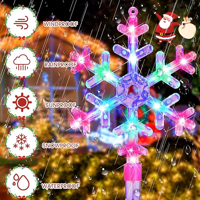Retisee 10 Pack Snowflake Christmas Lights for Pathway Markers Lights Outdoor 27'' Peppermint Snowflake Pathway Decorations with Bows for Holiday Yard Lawn Walkway(Colorful)
