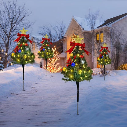 Solar Christmas Tree Pathway Lights Outdoor, Set of 4 Solar Christmas Tree Stake Lights, 80 Outdoor LEDs Xmas Decor, Christmas Decor DIY Xmas Tree Gift (Warm White)