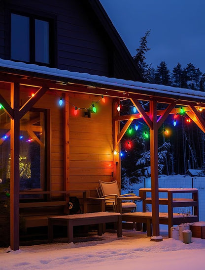 C7 Vintage Christmas String Lights with 27 Multicolor Ceramic Bulbs, 25FT Hanging Outdoor & Indoor String Lights for Christmas Tree Patio Roofline Decoration (Green Wire)
