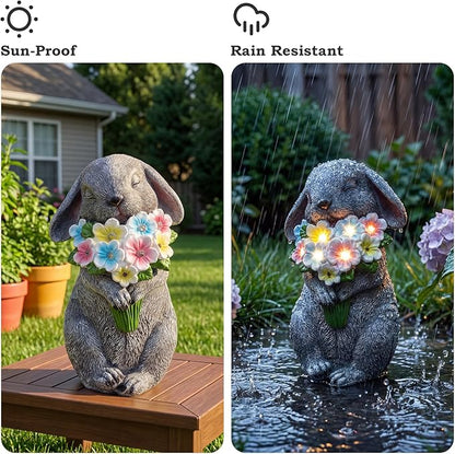 PETAFLOP Solar Powered Rabbit Garden Light, Easter Bunny Holding Flower with Warm White LED, Outdoor Decor for Yard, Pathway, Lawn, Patio, Balcony