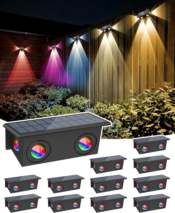 T-SUN Solar Fence Lights Outdoor 12 Pack, Solar Lights with Brighter LED Focus Lens, 8 Mode RGB Warm White Color Changing, Waterproof Fence Lights Solar Powered for Yard Patio Step Railing Pool Decor