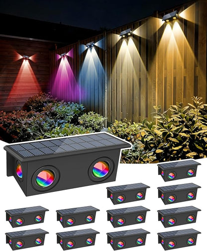 T-SUN Solar Fence Lights Outdoor 12 Pack, Solar Lights with Brighter LED Focus Lens, 8 Mode RGB Warm White Color Changing, Waterproof Fence Lights Solar Powered for Yard Patio Step Railing Pool Decor