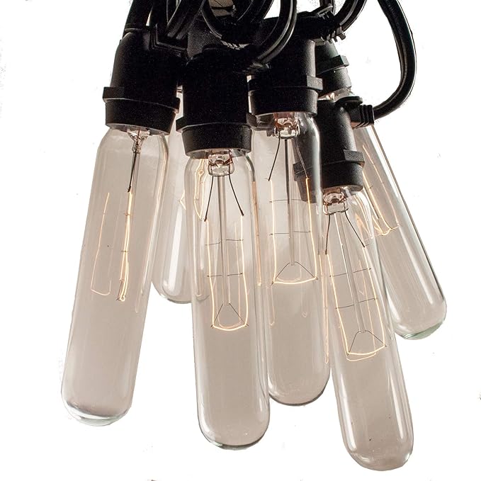 Hometown Evolution, Inc. Commercial Edison Bulb Outdoor String Lights with Hand-Threaded Filament (T25 Tube Edison - Commercial Black Wire, 25 ft)