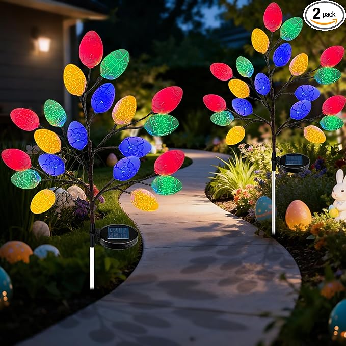 2 Pack Solar Easter Egg Lights Outdoor, 40 LED Waterproof Solar Easter Yard Decorations Outdoor Easters Yard Stakes Lights with 2 Lighting Modes for Outside Lawn Walkway Patio Cemetery Grave