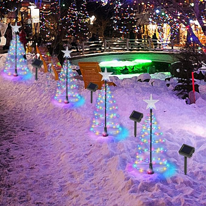 Dynaming 4 Pack Solar Spiral Christmas Trees with Lights, 19" Outdoor Light Up Christmas Pathway Markers with Colorful Lights, Waterproof & Auto On/Off Xmas Decoration for Patio Yard Walkway Driveway