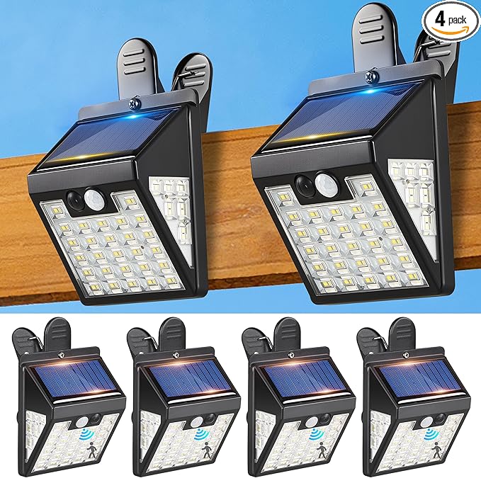 Clip On Solar Lights Outdoor,Motion Sensor Outdoor Lights, 72LEDs 600LM Clip on Solar Fence Lights Outdoor Waterproof LED,Solar Lights for Wall Fence,Deck, Gutter,Camping (4 Pack)