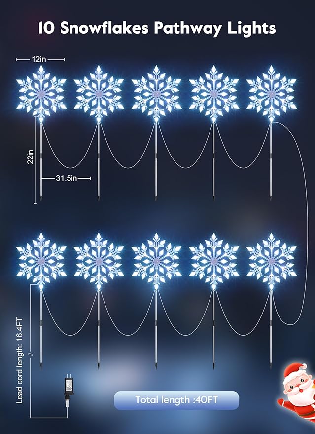 Brightown Snowflake Lights Outdoor, 2 Sets Total 20 Large Snowflake Christmas Pathway Lights, Christmas Decorations Outside Yard Sidewalk Walkway Driveway Marker Stake, White