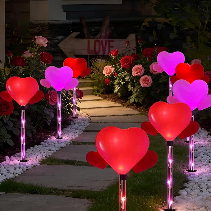6 Pack Outdoor Solar Pathway Lights-Heart Stake Lightsing for Garden Valentine's Day Decor, Path Light, Waterproof Auto On/Off, Romantic Porch Walkway Romantic Wedding Party Yard Lawn