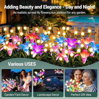 WdtPro Upgraded Solar Garden Lights Outdoor: 4 Pack Solar Firefly Swaying Light with Colorful LED Lily Flower, Waterproof Garden Decor for Yard Patio Pathway Lawn, Gifts for Women (2 Rosy+2 Purple)
