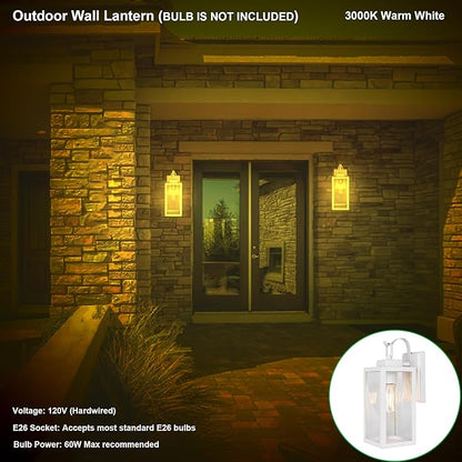 GRUENLICH Outdoor Wall Lantern, Wall Sconce for Porch Lighting Fixture, E26 Base Max 60W, Metal Housing Plus Glass, White Finish, Bulb Not Included, 1-Pack