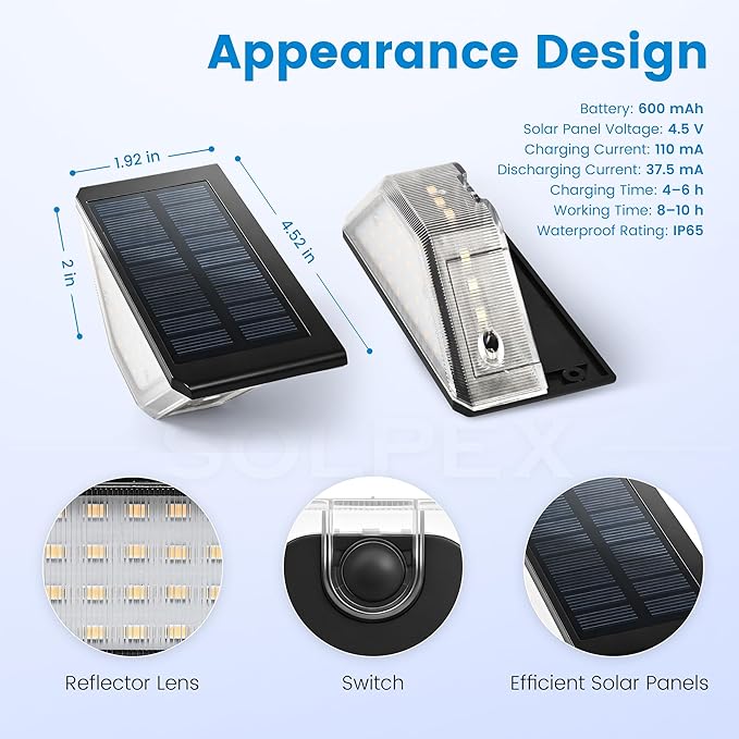 SOLPEX 16 Pack Four-Sided Illumination Solar Step Lights for Outside, Solar Stair Lights Outdoor, Solar Railing Lights Outdoor Waterproof with 33 LEDs for Steps, Stair, Deck, Porch (Cold White)