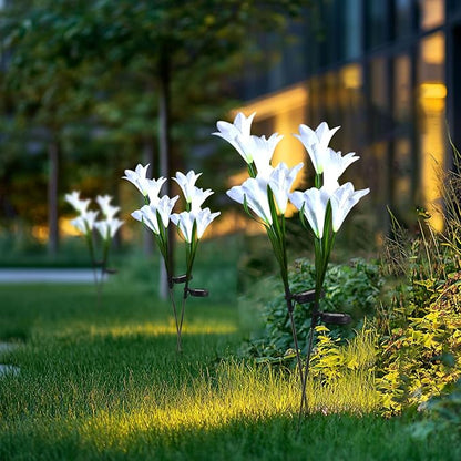 Outdoor Solar Lights, 2 Pack Solar Garden Lights with Lily Flowers, Waterproof Garden Light Outdoor - Yard Decorations for Patio Yard Decoration (White)