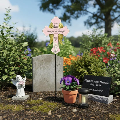 Solar Cross Lights with Angel Wings, Pink and Gold Memorial Grave Decorations, When You See This Light Remember I Love You Sentiment, Cemetery Tombstone Garden Stake with Ground Stake