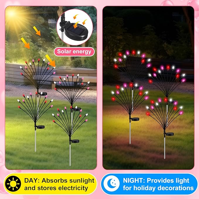 4 Pcs St Patricks Day Outdoor Decorations Solar Lights Waterproof Green 48 LED Swaying Pathway Firefly Stake Lights for Outside Yard Garden Lawn Decorations(Pink White,Pine Cone)