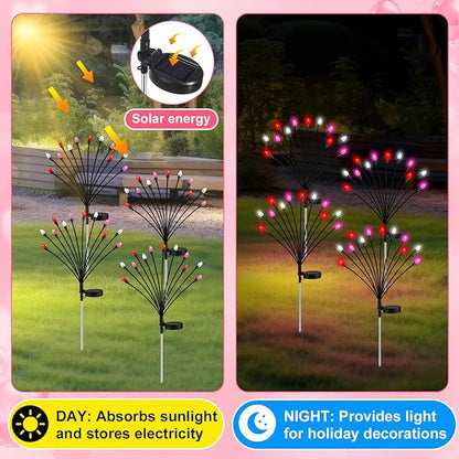 4 Pcs St Patricks Day Outdoor Decorations Solar Lights Waterproof Green 48 LED Swaying Pathway Firefly Stake Lights for Outside Yard Garden Lawn Decorations(Pink White,Pine Cone)