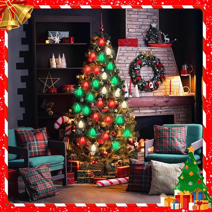 C7 Red White and Green Christmas Lights, 25Ft Vintage Christmas Lights with 27 Ceramic Bulbs, Connectable Xmas Tree Lights Waterproof for Outdoor Roofline Winter Party Holiday Wedding Christmas Decor