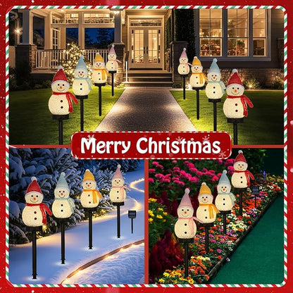 Lewondr Snowman Christmas Decorations Lights, 4PCS Solar Lighted Snowman with Garden Stakes, Waterproof Garden Lawn Pathway with 8 Lighting Modes, Solar Christmas Lights Decor for Yard Outdoor