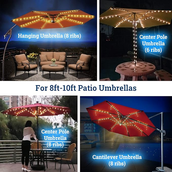 BenefitUSA Patio Umbrella Warm White Lights 8 Lighting Mode 104 LED String Lights with Battery and Remote Control Umbrella Lights Operated for Restaurant Coffee Shop Outdoor Garden Holidays Party