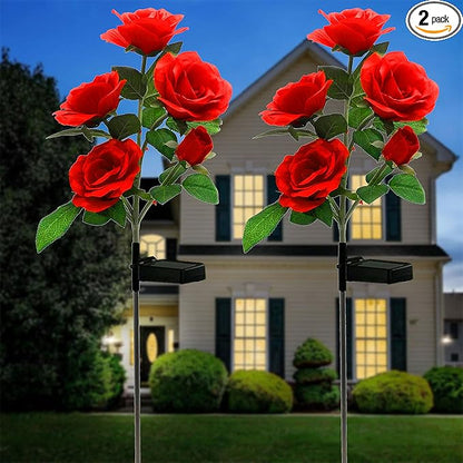2 Pack Color-Changing Solar Rose Lights Flower Stake with 10 Roses, for Outdoor Garden Cemetery Patio Yard Pathway Decoration, Red