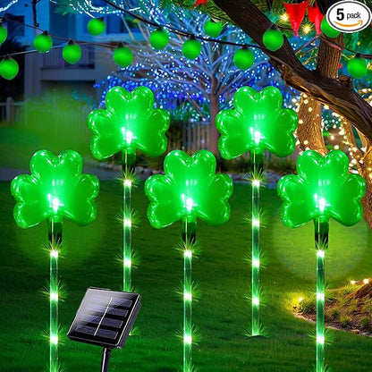 5 Pack St. Patrick's Day Solar Pathway Lights Outdoor - Green LED Shamrock Landscape Stake Lights, Waterproof Solar Powered Plug-in Lawn & Garden Decor for Yard, Walkway, Irish Party Decorations