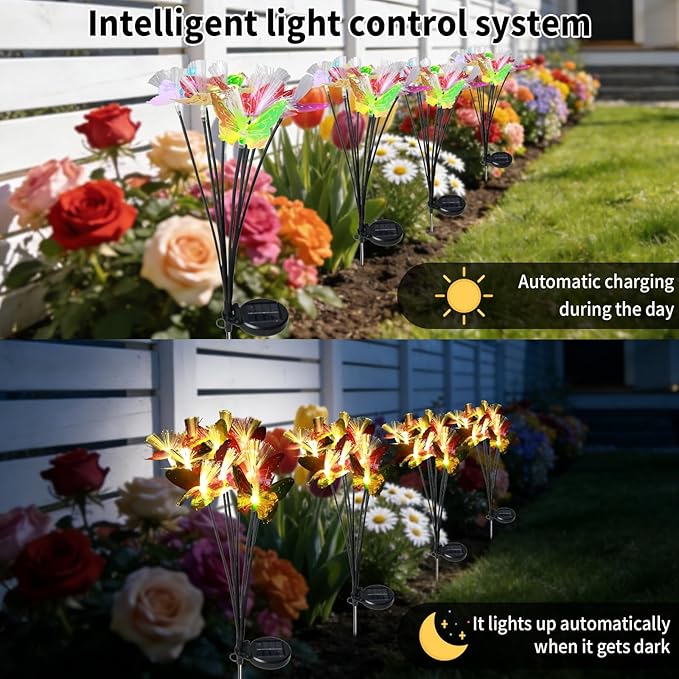 Solar Butterfly Lights 10 Heads 3 Pack - Outdoor Waterproof, No Wiring Needed,Garden Yard Patio Pathway Decoration, Warm White, Swaying in Wind, Romantic Atmosphere Lights (3, Butterfly)