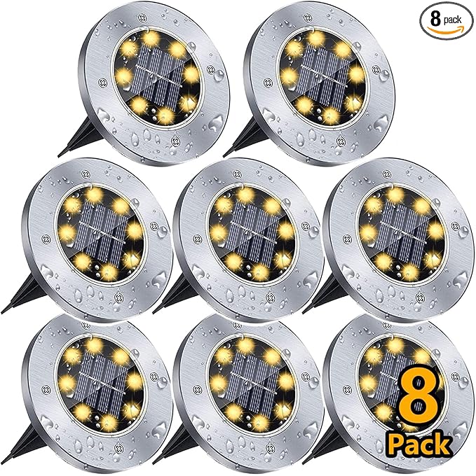 Solar Ground Lights for Outdoor Garden – 8 LED Waterproof Disk Lights, Warm White In-Ground Landscape Lighting for | Lumora