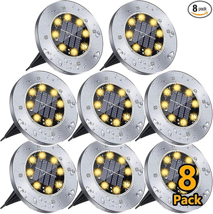 Solar Ground Lights for Outdoor Garden – 8 LED Waterproof Disk Lights, Warm White In-Ground Landscape Lighting for Walkways, Lawns, Decks, Stairs, Pathways & Fences (8-Pack)