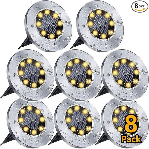 Solar Ground Lights for Outdoor Garden – 8 LED Waterproof Disk Lights, Warm White In-Ground Landscape Lighting for | Lumora