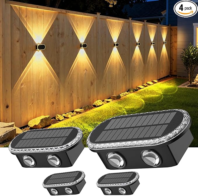 Ellasay Fence Lights Solar Powered: Outdoor LED Wall Lighting Dual Beam and 3 Color Modes IP65 Waterproof 12H Long Lasting Easy Mount for Garden Patio Backyard 4 Pack