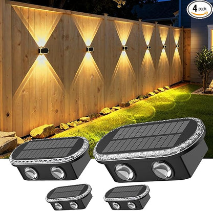 Ellasay Fence Lights Solar Powered: Outdoor LED Wall Lighting Dual Beam and 3 Color Modes IP65 Waterproof 12H Long Lasting Easy Mount for Garden Patio Backyard 4 Pack