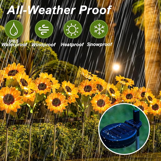 Solar Powered Sunflowers for Outside, Auto ON/Off Solar Garden Lights Outdoor Waterproof, 3 Packs Walkway Solar Lights with 9 Sunflowers for Garden, Yard and Lawn Ornaments