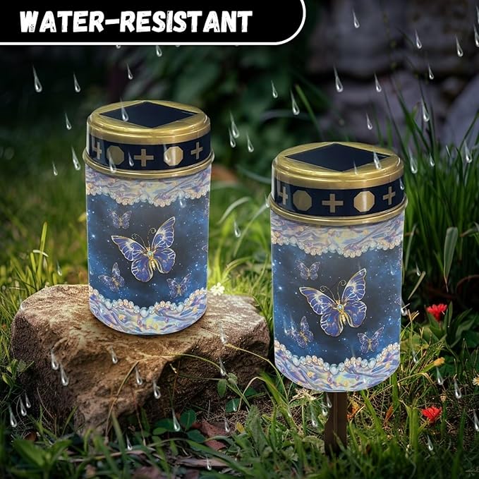 Butterfly Print Solar Garden Light Waterproof Solar Lights for Outdoor Easy Fixed Solar Light Cemetery Light for Grave Home Decor Landscape Solar Light
