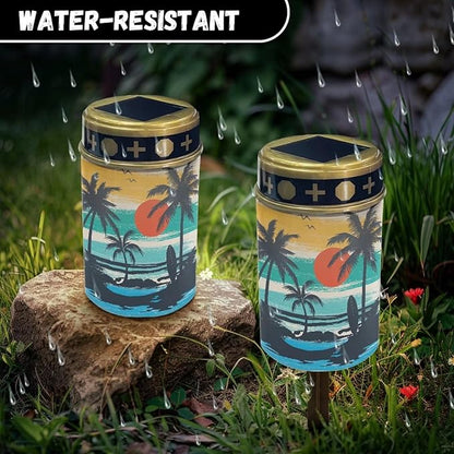 Palm Tree Solar Dusk to Dawn Lights Outdoor Waterproof Solar Memorial Lights for Graves Eternal Light Solar Powered Lighted,Cemetery Decor Candle Lamp Memorial Decoration
