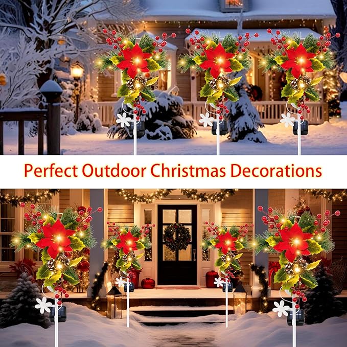 2 Pack Solar Christmas Decorations Outdoor, 32 Inch Solar Christmas Cross Stake Lights, Waterproof Grave Decorations with Poinsettia Flower Pinecones Red Berries for Garden Yard Patio Lawn Cemetery