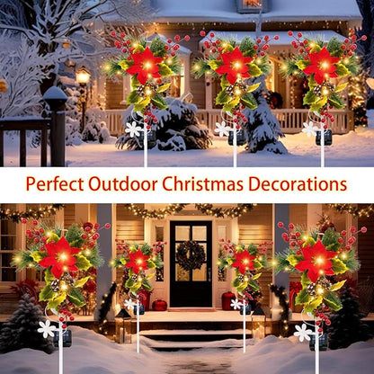 Solar Christmas Decorations Outdoor, 4 Pack 32 Inch Solar Christmas Cross Stake Lights, Waterproof Grave Decorations with Poinsettia Flower Pinecones Red Berries for Garden Yard Patio Lawn Cemetery