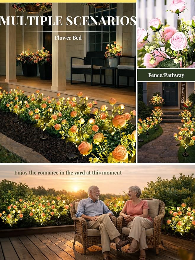 GIGALUMI Solar Lights Outdoor for Garden Decor, 4 Pack Solar Flower Lights Waterproof, 2 Lighting Modes 28 Rose Flowers for Pathway,Yard, Patio Decoration, Gardening Gifts for Women (Pink)