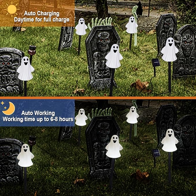 Solar Halloween Ghost Pathway Lights Decorations, Halloween Ghost Stake, Lighted 3D Ghost Outdoor Waterproof for Garden, Pathway and Yard Decoration (White, 5 Pack)